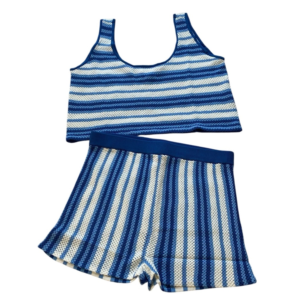 SOLID & STRIPED Blue The Charlie Striped Knit Tank & Shorts Swim Cover Up Set  L